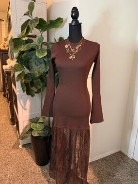 Women's Brown Long-Sleeve Ribbed Bodycon Dress with Lace Skirt Detail